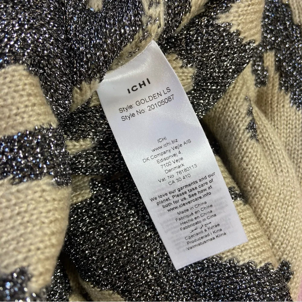 ICHI Womens Golden Silver Animal Print Knit Pullover Jumper Sz Small Oversize - Picture 8 of 8